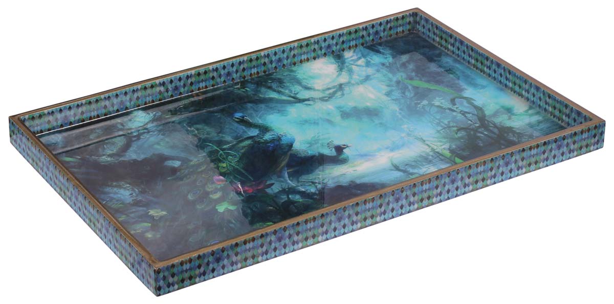 Buy in Bulk Wholesale Serving Tray in MDF - 14” Hand-Crafted Water-Blue & Green - Decorative Tray with Enamelled Peacocks Scene - Classic Serve-Ware/Decor/Gifts from India